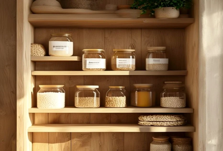 Pantry shelf with jars and everyday dry goods