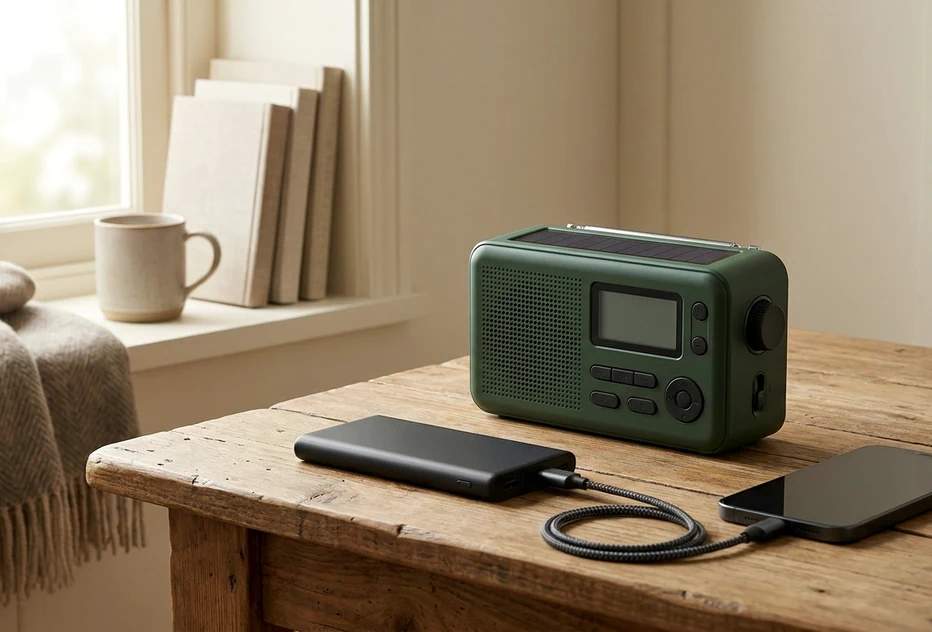 Modern emergency radio and power bank charging setup on a clean table