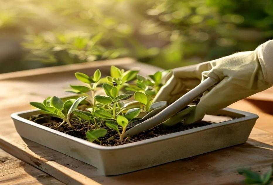 Beginner seedlings being arranged in a small growing tray with gardening gloves nearby